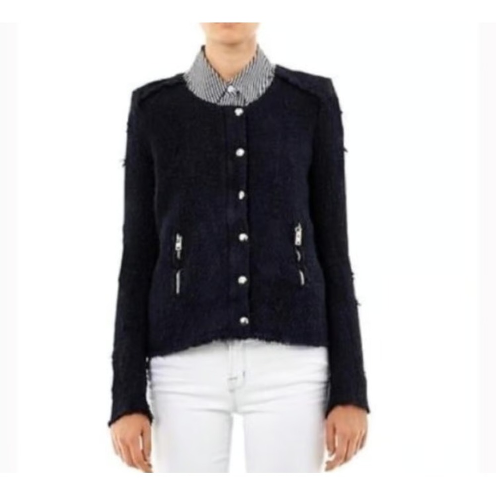 IRO Aggy Jacket Womens 38 Navy Blue Textured Zip Pocket Button Front Tweed Style